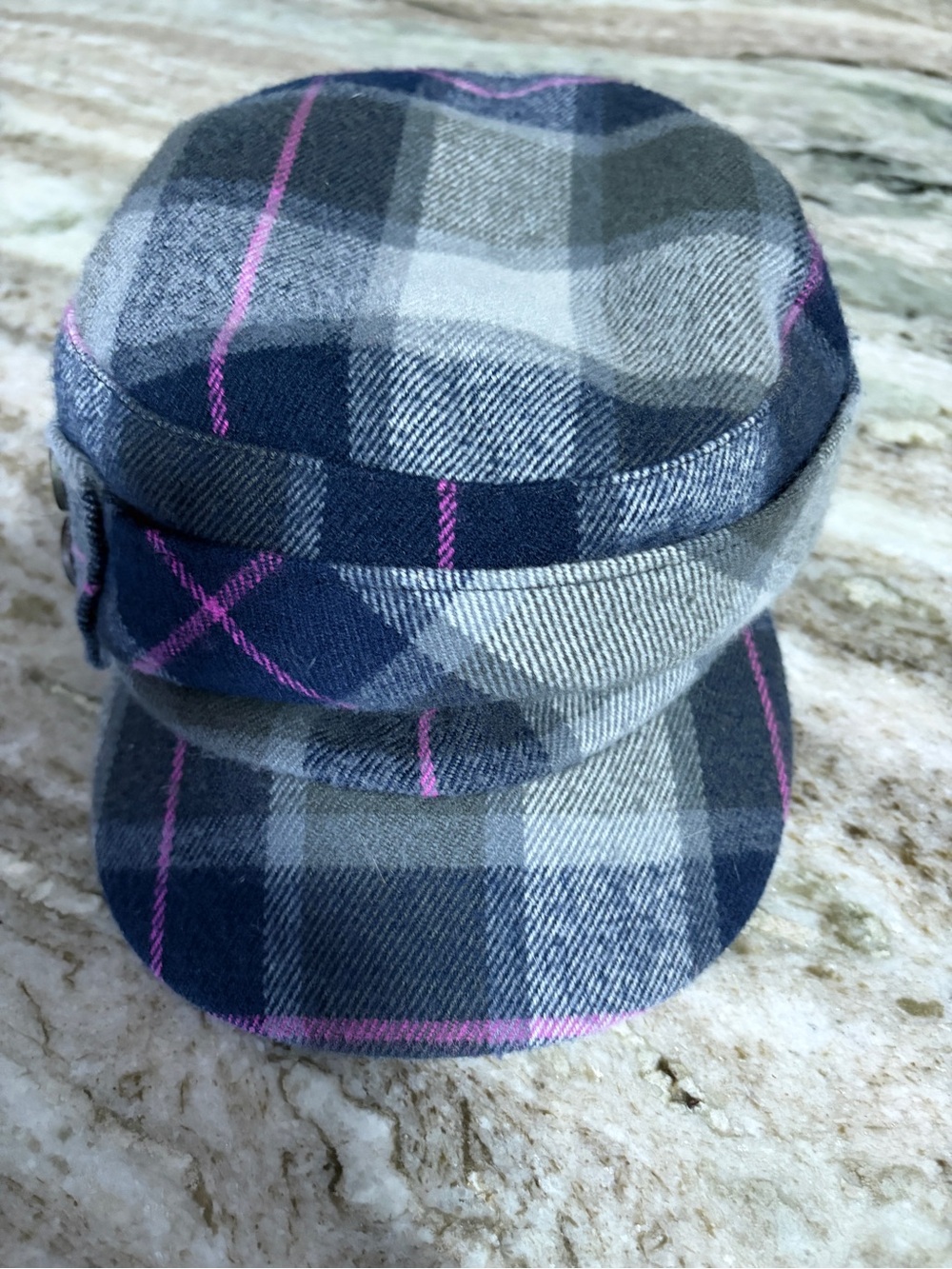 Plaid Gray & Navy Women’s Cap with Pink Accent